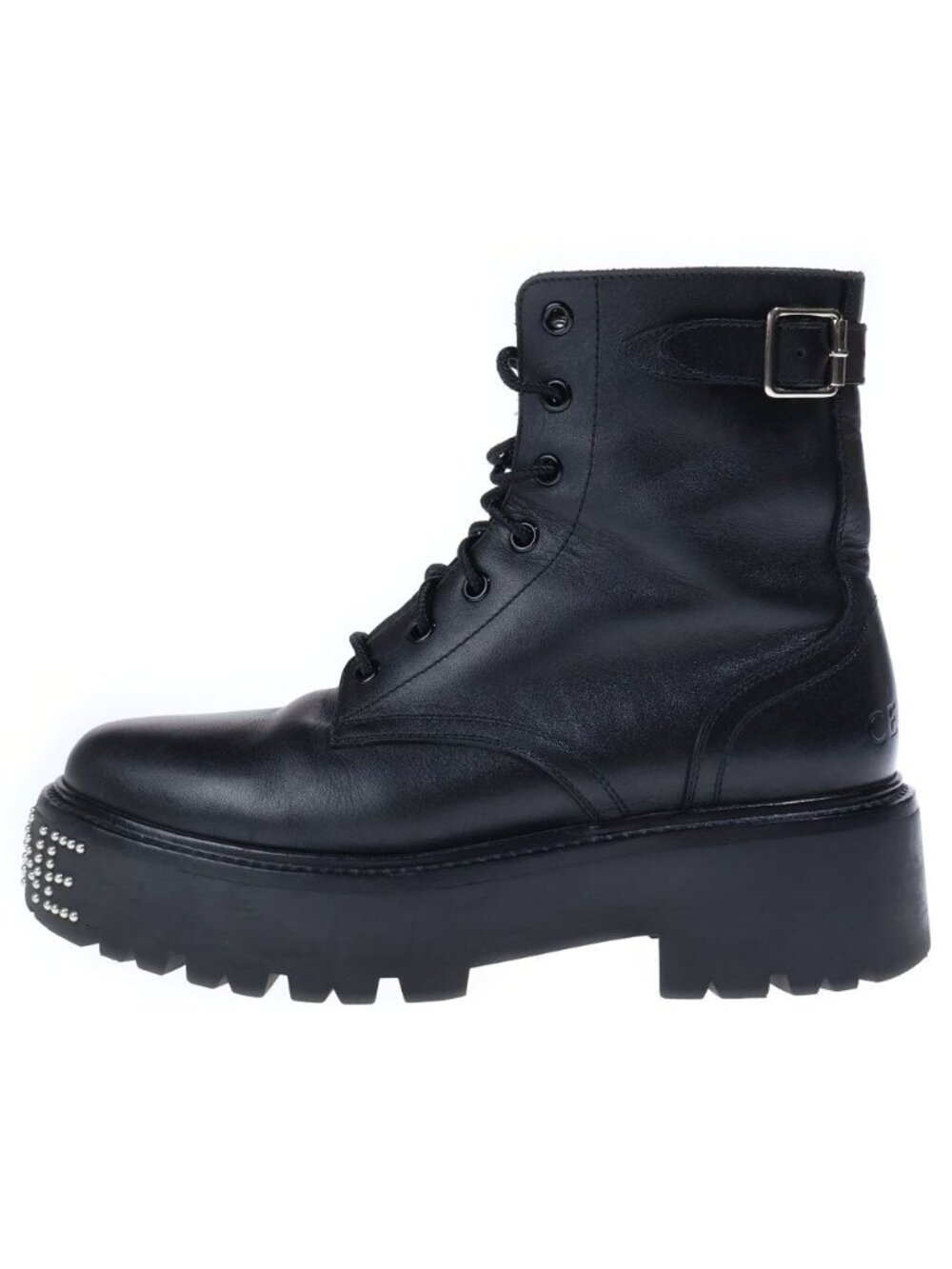 Celine Bulky Studded Logo Leather Lace Up High Cut Shoes Short Boots Black - Picture 1 of 6